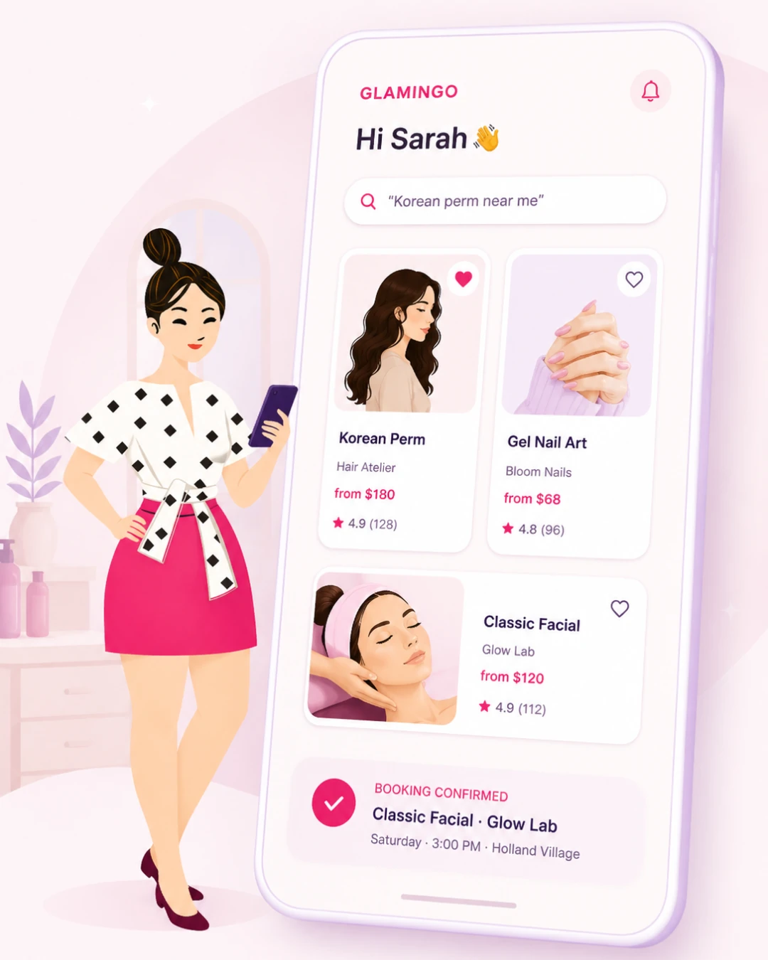 Client discovering and booking a salon on Glamingo